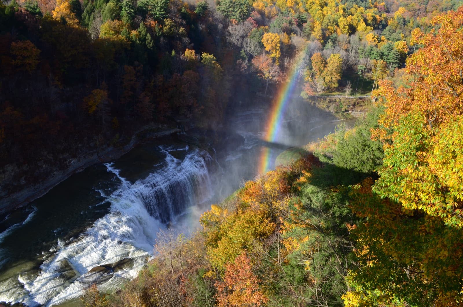 A waterfall with a rainbow in its spray, framed by orange and yellow trees