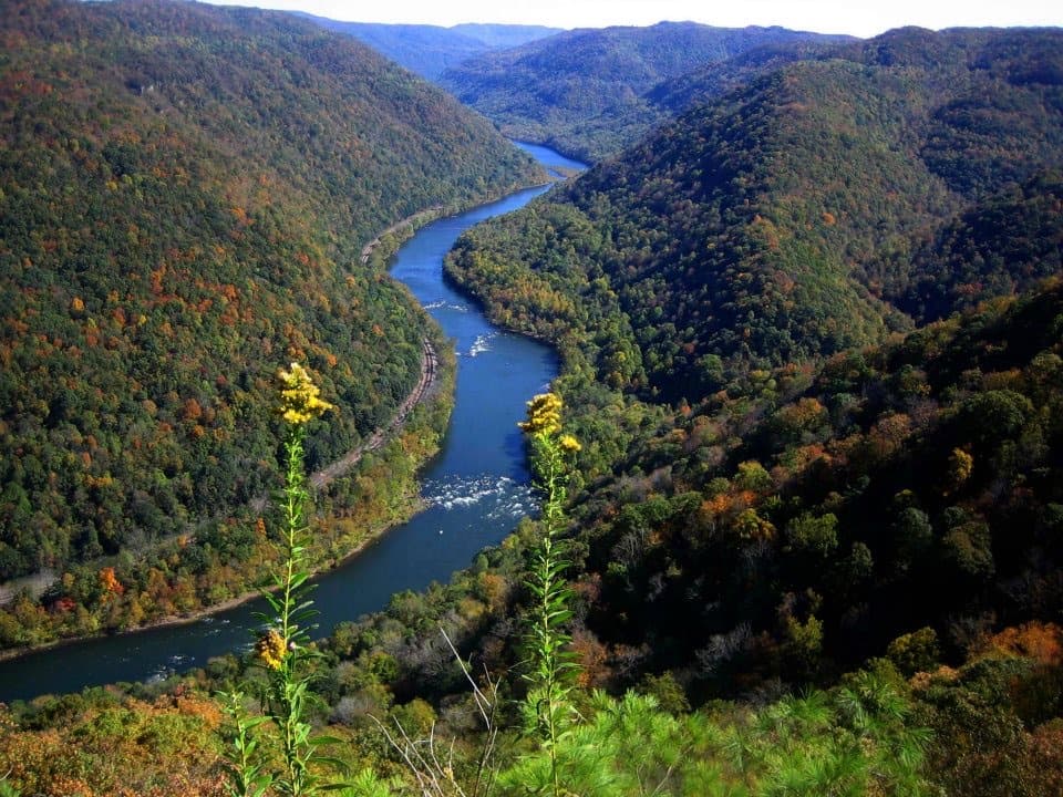 A river bend deep in a gorge of green hills with the first touches of orange, goldenrod in front