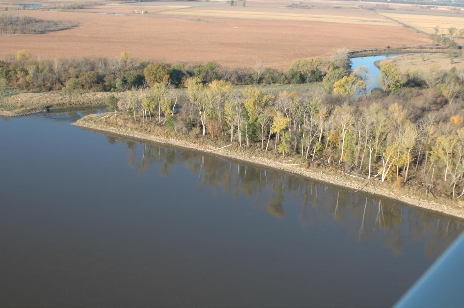 Wide brown water along a wooded bank, with farm fields beyond