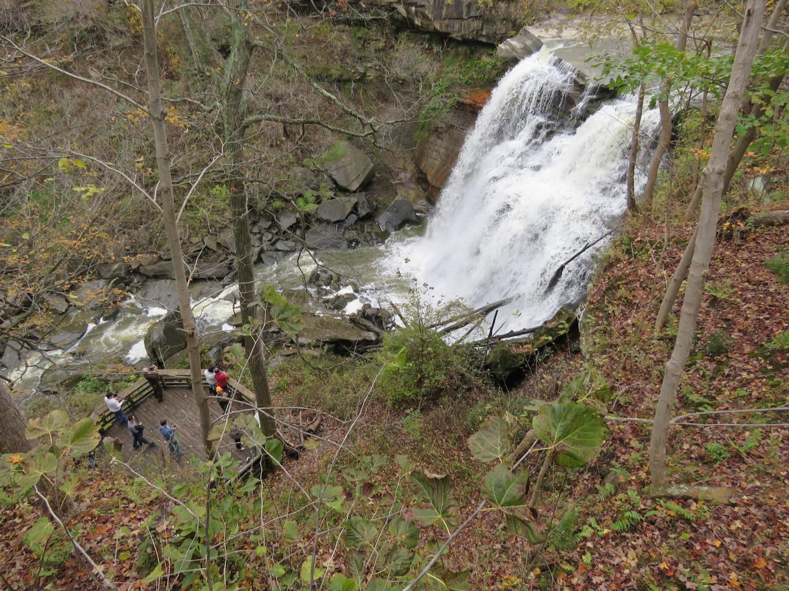 Looking down on white water falling over a rocky ledge, with people standing on a viewing platform