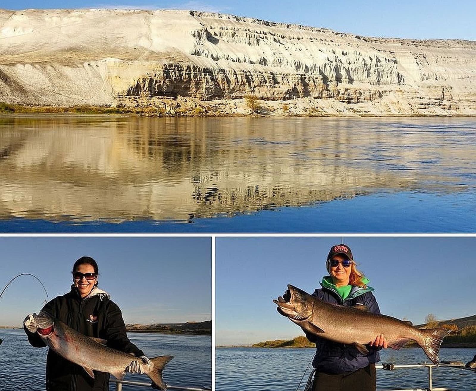 A calm river reflecting pale cliffs above two smaller photos of anglers holding large fish on a boat