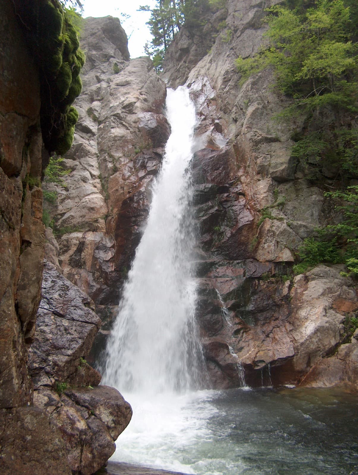 A tall waterfall pouring through a narrow gap in pink and grey granite into a pool, green trees along the rim
