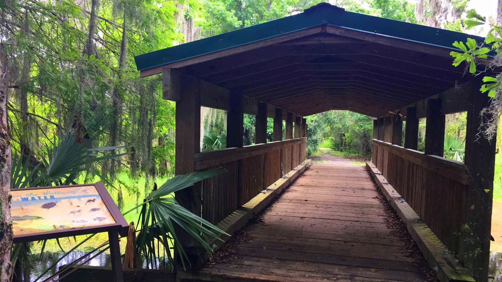 A wooden covered bridge leading onto a boardwalk through palmettos and moss-draped trees, with an interpretive sign at left