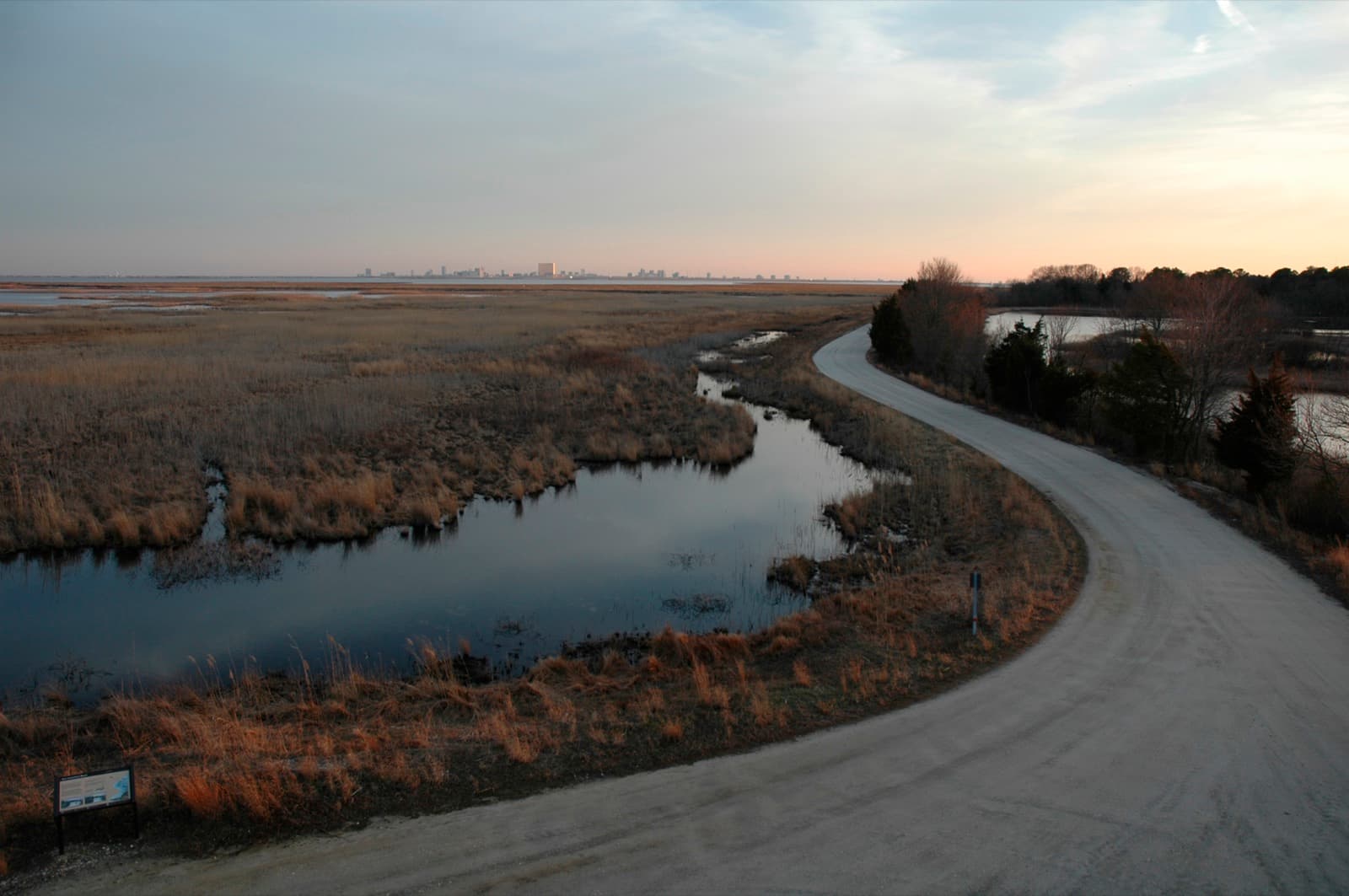 Sunset over the marsh seen from an observation tower