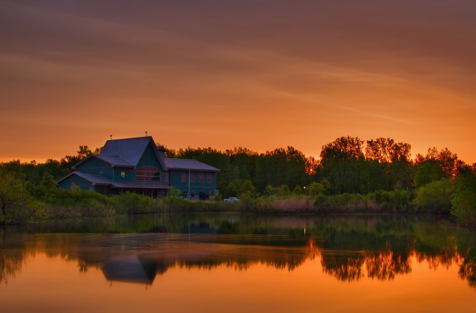 The refuge visitor center at sunrise